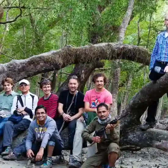 Happy tourists after a jungle hike in sundarban forest
