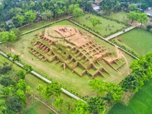 Aerial view of Behular Bashor Ghor, a famous and touristic archeological site in Bogra, Rajshahi, Bangladesh.