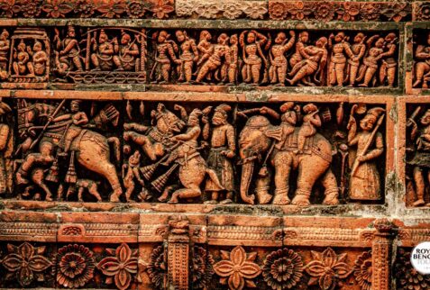 Terracotta mythical panels are seen on the whole Kantajhee temple