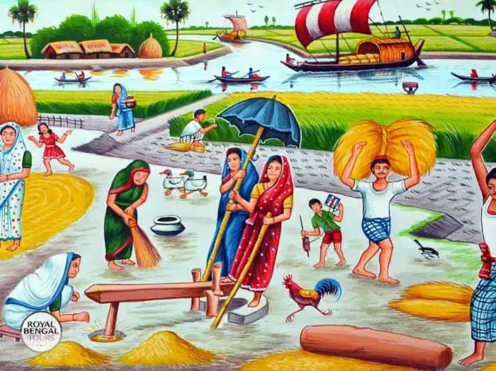 Rural village activities on a rickshaw painting in Bangladesh