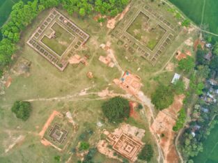 Aerial view of Behular Bashor Ghor, a famous and touristic archeological site in Bogra, Rajshahi, Bangladesh.