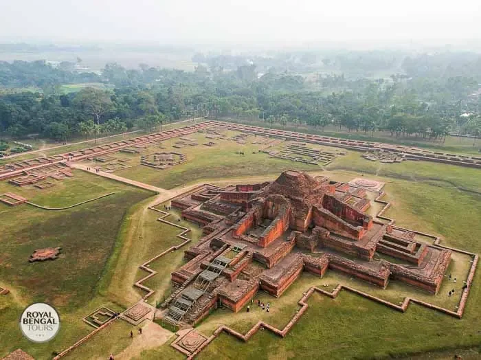 Aerial view of Somapura Mahavihara, a massive Buddhist monastery in Paharpur, Bangladesh