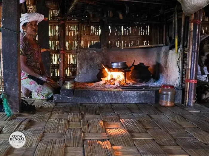 Interior of a traditional Mro tribal kitchen in the Chittagong Hill Tracts, Bangladesh