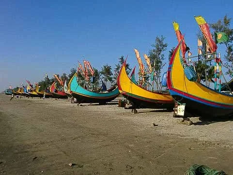 Cox's Bazar Fishing Boats: Row of Colorful Wooden Vessels on Beach