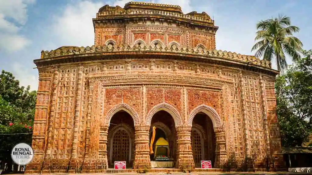 Ornate terracotta facade of Kantaji Temple, a Hindu pilgrimage site
