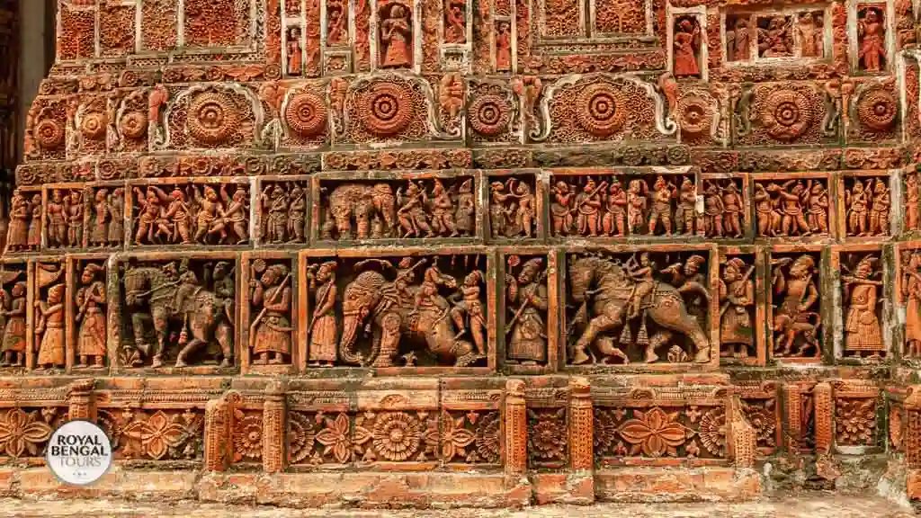 Kantaji Hindu Temple, Terracotta artwork with deities and mythical creatures