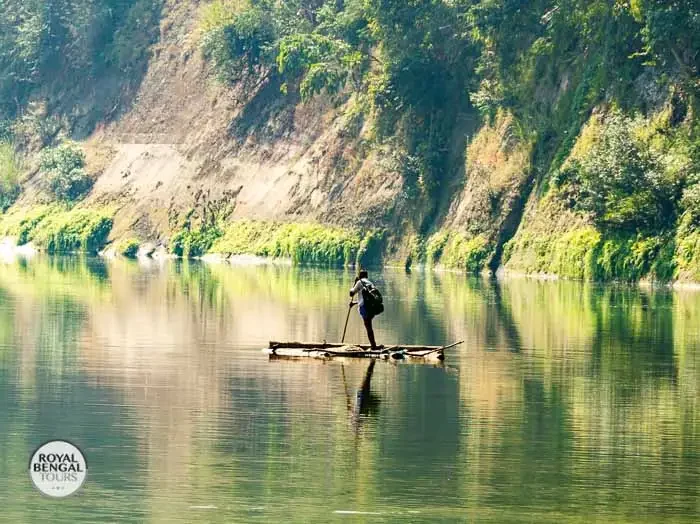 Bamboo raft on the Shangu River in the Bandarban Hill Tracts, Bangladesh