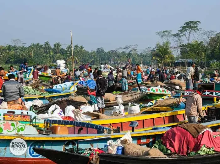 a colorful floating vegetable market in Barisal, Bangladesh