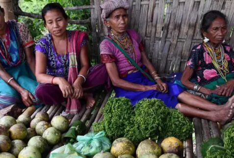 Tribal ladies are selling their swidden agriculture harvests at
