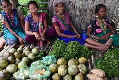 tribal ladies are selling vegetables on a weekly tribal bazar