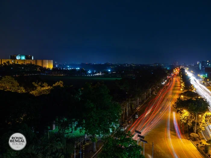 Nighttime aerial view of the National Parliament House, Dhaka, Bangladesh