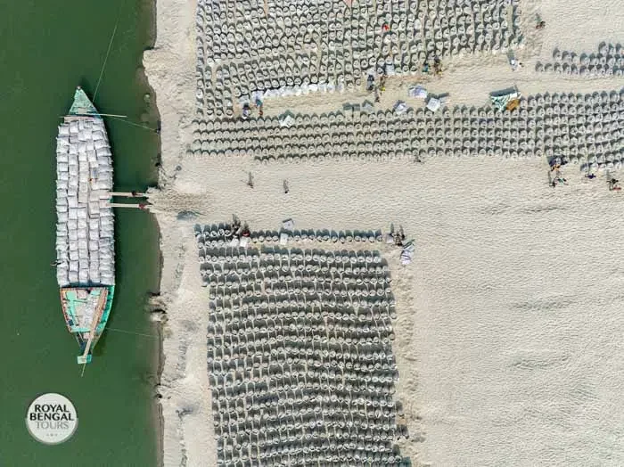 Aerial view of a Char island in Bangladesh, showcasing the bustling activity