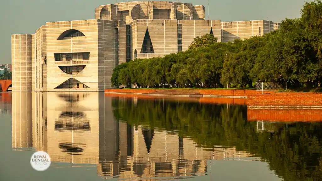 View of Bangladesh Parliament Building through the crescent lake
