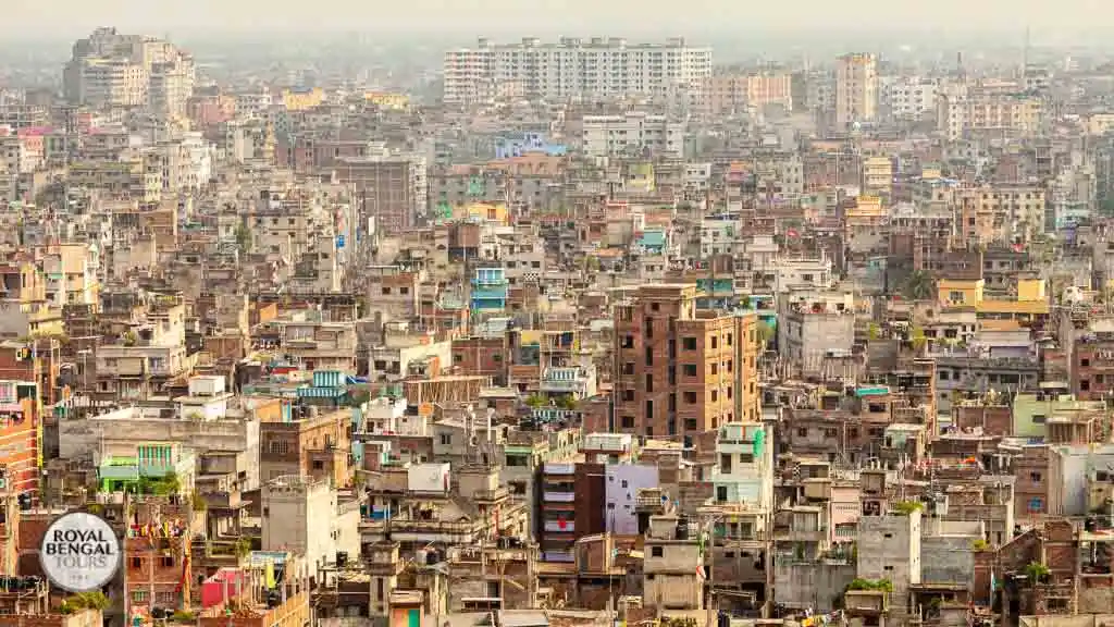 Aerial view of Old Dhaka, Bangladesh, showcasing its dense urban landscape and historic architecture.