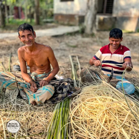 man prepares the rattan skins to weave shital pati in Tangail